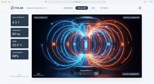A vivid digital representation of magnetism showing electromagnetic field lines surrounding a magnetic core.