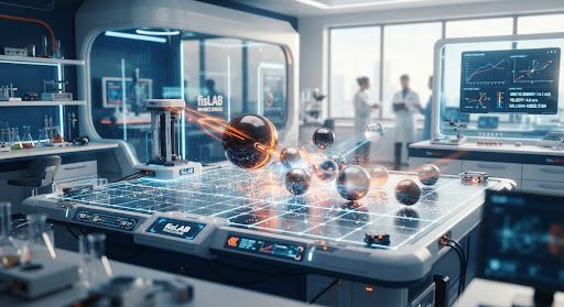 A high-fidelity 3D visualization of a physics laboratory environment showing kinetic energy and mechanical collisions between spheres on a grid surface.