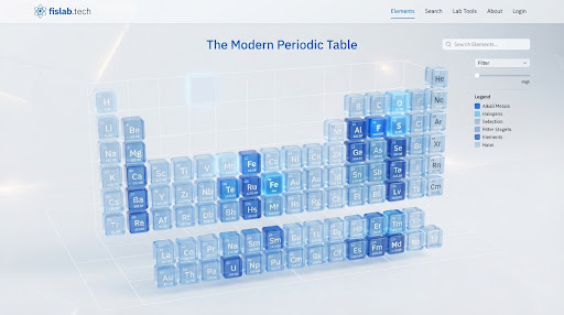 A modern 3D periodic table display with translucent cubes for each element.